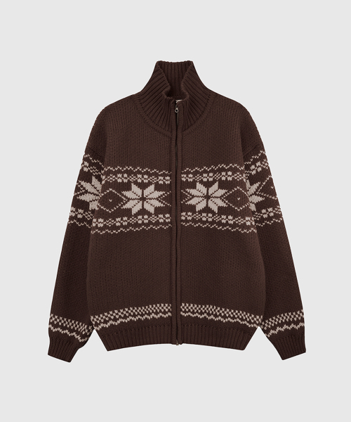 FAKE CAMPER（フェイクキャンパー）の「雪の花ジャガードノルディックニットジップアップ[BROWN]（カーディガン/ボレロ・メンズ・ブラウン・X-LARGE/MEDIUM/LARGE）」の3枚目の写真