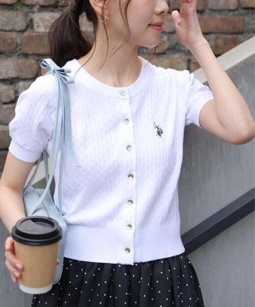 U.S. POLO ASSN.（ユーエスポロアッスン）の「◆【フリーズマート別注】U.S.POLO ASSN./ユーエスポロアッスン別注／金釦ケーブルカーディガン（ニット/セーター・レディース・ホワイト/ネイビー/レッド・FREE）」の7枚目の写真