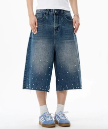 パール付きカットオフバギーデニム