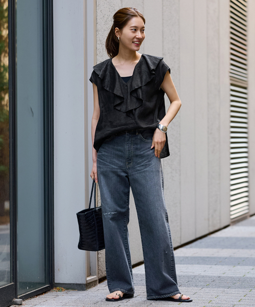 FRAMeWORK（フレームワーク）の「≪WEB限定 / 追加≫フレンチリネンフリルプルオーバー（シャツ/ブラウス・レディース・ブラック/ホワイト・FREE）」の3枚目の写真