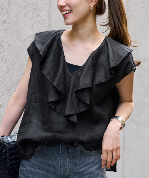 FRAMeWORK（フレームワーク）の「≪WEB限定 / 追加≫フレンチリネンフリルプルオーバー（シャツ/ブラウス・レディース・ブラック/ホワイト・FREE）」の6枚目の写真