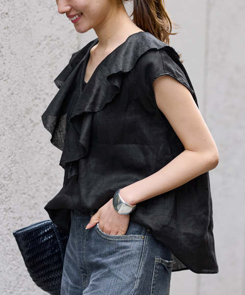 FRAMeWORK（フレームワーク）の「≪WEB限定 / 追加≫フレンチリネンフリルプルオーバー（シャツ/ブラウス・レディース・ブラック/ホワイト・FREE）」の8枚目の写真