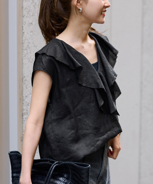 FRAMeWORK（フレームワーク）の「≪WEB限定 / 追加≫フレンチリネンフリルプルオーバー（シャツ/ブラウス・レディース・ブラック/ホワイト・FREE）」の14枚目の写真