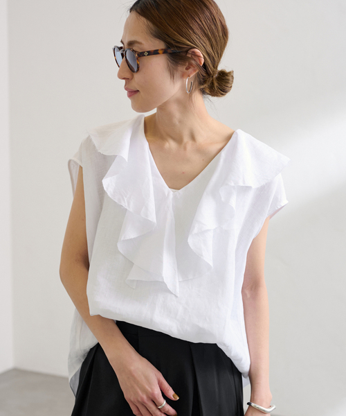 FRAMeWORK（フレームワーク）の「≪WEB限定 / 追加≫フレンチリネンフリルプルオーバー（シャツ/ブラウス・レディース・ブラック/ホワイト・FREE）」の22枚目の写真