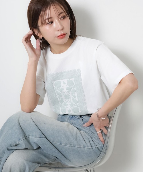 Riberry(リベリー)の「レースデザイン発砲プリント半袖Tシャツ(Tシャツ/カットソー・レディース・チャコールグレー/杢グレー/アイボリー/ベージュ・FREE)」の22枚目の写真