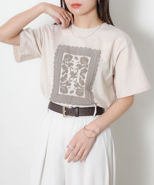 Riberry(リベリー)の「レースデザイン発砲プリント半袖Tシャツ(Tシャツ/カットソー・レディース・チャコールグレー/杢グレー/アイボリー/ベージュ・FREE)」の12枚目の写真