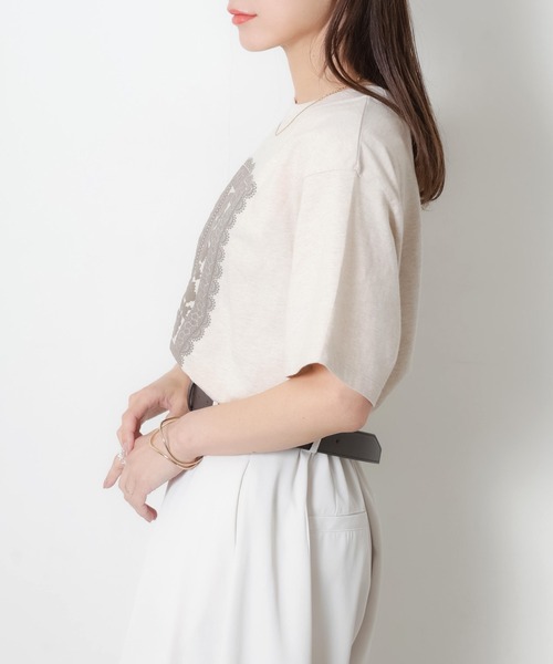 Riberry(リベリー)の「レースデザイン発砲プリント半袖Tシャツ(Tシャツ/カットソー・レディース・チャコールグレー/杢グレー/アイボリー/ベージュ・FREE)」の13枚目の写真