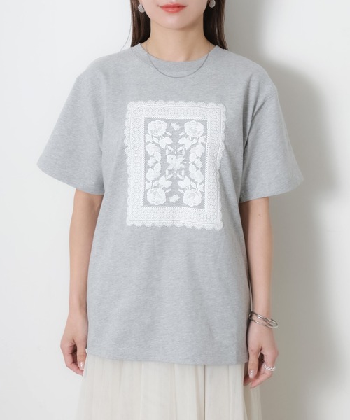 Riberry(リベリー)の「レースデザイン発砲プリント半袖Tシャツ(Tシャツ/カットソー・レディース・チャコールグレー/杢グレー/アイボリー/ベージュ・FREE)」の16枚目の写真