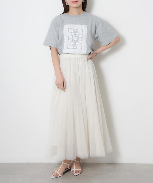 Riberry(リベリー)の「レースデザイン発砲プリント半袖Tシャツ(Tシャツ/カットソー・レディース・チャコールグレー/杢グレー/アイボリー/ベージュ・FREE)」の18枚目の写真