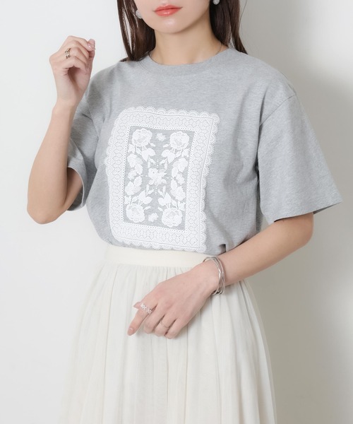 Riberry(リベリー)の「レースデザイン発砲プリント半袖Tシャツ(Tシャツ/カットソー・レディース・チャコールグレー/杢グレー/アイボリー/ベージュ・FREE)」の19枚目の写真