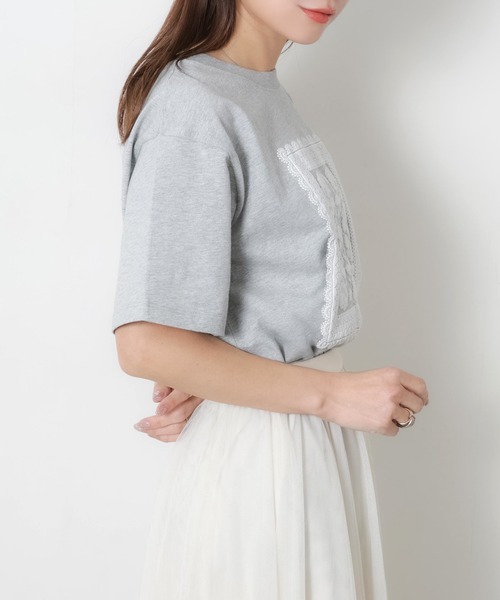 Riberry(リベリー)の「レースデザイン発砲プリント半袖Tシャツ(Tシャツ/カットソー・レディース・チャコールグレー/杢グレー/アイボリー/ベージュ・FREE)」の20枚目の写真