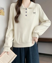 ワンポイント刺繍 ポロカラースウェット / カジュアル 長袖トップス