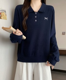 ワンポイント刺繍 ポロカラースウェット / カジュアル 長袖トップス