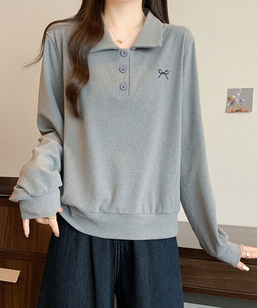 2ly2(トゥーリートゥー)の「ワンポイント刺繍 ポロカラースウェット / カジュアル 長袖トップス(その他トップス・レディース・グレー/ネイビー/ベージュ・FREE)」の2枚目の写真