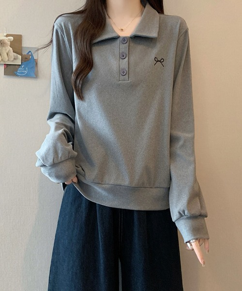 2ly2(トゥーリートゥー)の「ワンポイント刺繍 ポロカラースウェット / カジュアル 長袖トップス(その他トップス・レディース・グレー/ネイビー/ベージュ・FREE)」の5枚目の写真