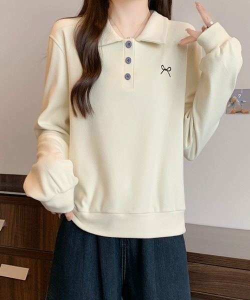 2ly2(トゥーリートゥー)の「ワンポイント刺繍 ポロカラースウェット / カジュアル 長袖トップス(その他トップス・レディース・グレー/ネイビー/ベージュ・FREE)」の9枚目の写真