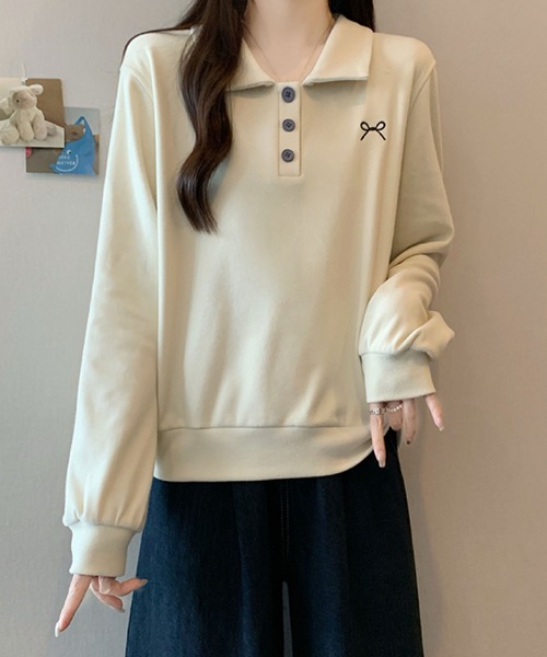 2ly2(トゥーリートゥー)の「ワンポイント刺繍 ポロカラースウェット / カジュアル 長袖トップス(その他トップス・レディース・グレー/ネイビー/ベージュ・FREE)」の13枚目の写真