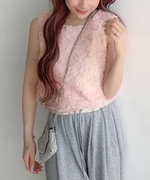 junoah(ジュノア)の「フラワーモチーフチュールノースリーブトップス(Tシャツ/カットソー・レディース・ブラック/ピンク/アイボリー・SMALL/MEDIUM/X-LARGE/LARGE)」の12枚目の写真