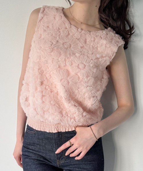 junoah(ジュノア)の「フラワーモチーフチュールノースリーブトップス(Tシャツ/カットソー・レディース・ブラック/ピンク/アイボリー・SMALL/MEDIUM/X-LARGE/LARGE)」の13枚目の写真