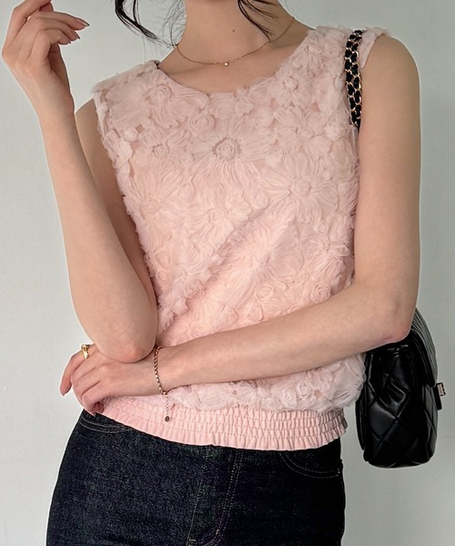 junoah（ジュノア）の「フラワーモチーフチュールノースリーブトップス（Tシャツ/カットソー・レディース・ブラック/ピンク/アイボリー・SMALL/MEDIUM/X-LARGE/LARGE）」の6枚目の写真