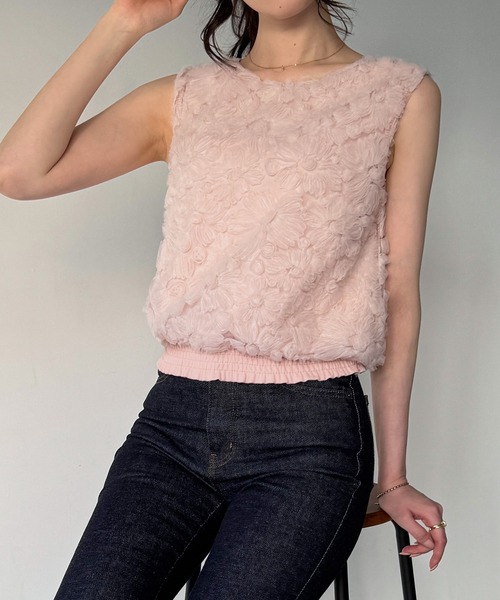 junoah（ジュノア）の「フラワーモチーフチュールノースリーブトップス（Tシャツ/カットソー・レディース・ブラック/ピンク/アイボリー・SMALL/MEDIUM/X-LARGE/LARGE）」の12枚目の写真