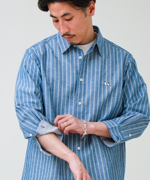 GLOSTER（グロスター）の「【フレブル刺繍】七分袖シャツ ストライプ/無地（シャツ/ブラウス・メンズ・ネイビー/ホワイト/ブルー系その他/ホワイト系その他/ピンク・XL/L/M）」の8枚目の写真
