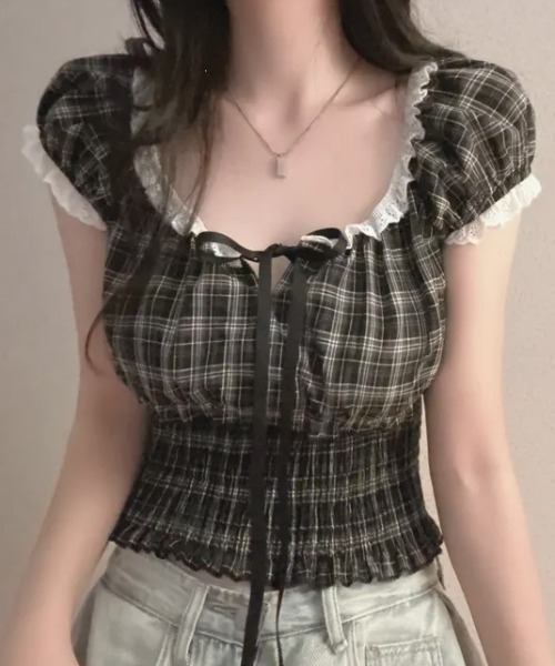 Teem Store(チームストア)の「チェック柄 シャーリングリボン パフスリーブトップス(シャツ/ブラウス・レディース・ブラック/ベージュ・M/S)」の5枚目の写真