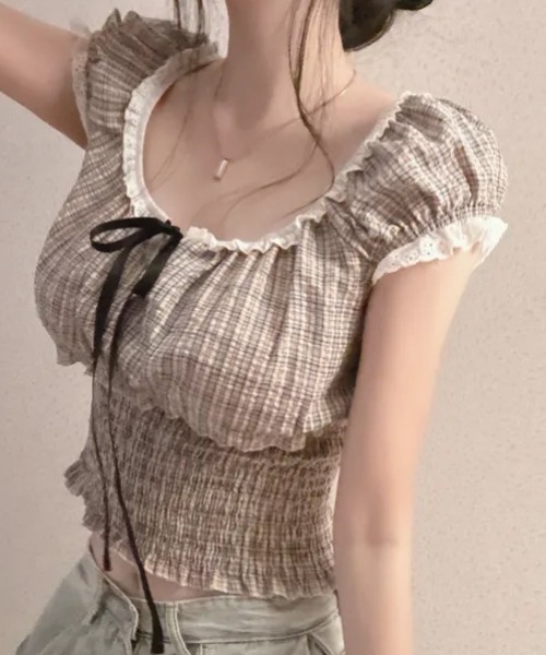 Teem Store(チームストア)の「チェック柄 シャーリングリボン パフスリーブトップス(シャツ/ブラウス・レディース・ブラック/ベージュ・M/S)」の11枚目の写真