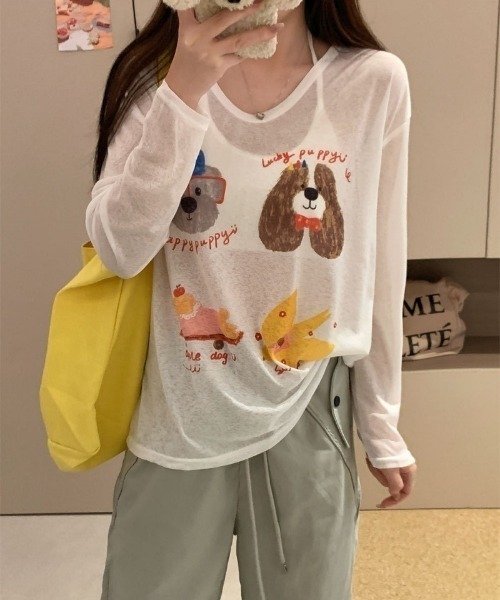 Ritzy(リッツィー)の「ドッグ&チーズプリントシアールーズロンT(Tシャツ/カットソー・レディース・ブルー/ピンク/ホワイト・FREE)」の1枚目の写真