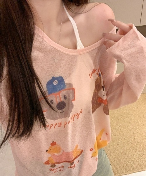Ritzy(リッツィー)の「ドッグ&チーズプリントシアールーズロンT(Tシャツ/カットソー・レディース・ブルー/ピンク/ホワイト・FREE)」の3枚目の写真
