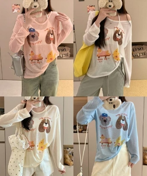 Ritzy(リッツィー)の「ドッグ&チーズプリントシアールーズロンT(Tシャツ/カットソー・レディース・ブルー/ピンク/ホワイト・FREE)」の4枚目の写真