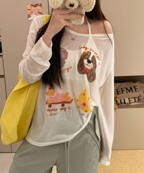 Ritzy(リッツィー)の「ドッグ&チーズプリントシアールーズロンT(Tシャツ/カットソー・レディース・ブルー/ピンク/ホワイト・FREE)」の5枚目の写真