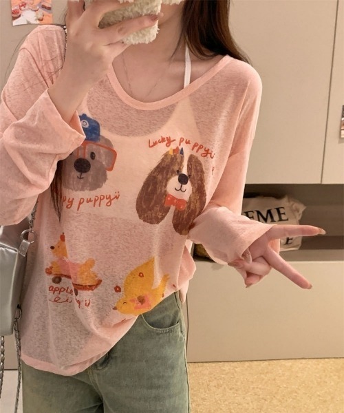 Ritzy(リッツィー)の「ドッグ&チーズプリントシアールーズロンT(Tシャツ/カットソー・レディース・ブルー/ピンク/ホワイト・FREE)」の10枚目の写真