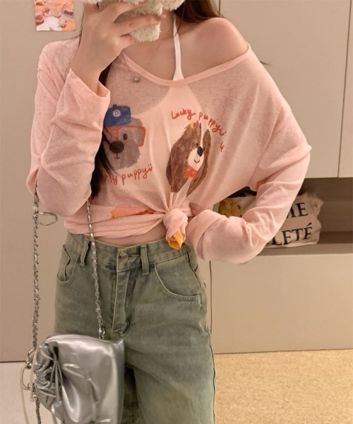 Ritzy(リッツィー)の「ドッグ&チーズプリントシアールーズロンT(Tシャツ/カットソー・レディース・ブルー/ピンク/ホワイト・FREE)」の11枚目の写真