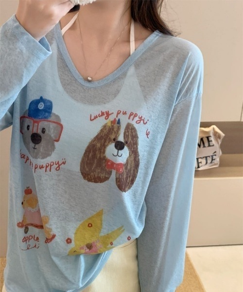 Ritzy(リッツィー)の「ドッグ&チーズプリントシアールーズロンT(Tシャツ/カットソー・レディース・ブルー/ピンク/ホワイト・FREE)」の15枚目の写真
