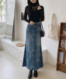 花柄刺繍レトロデニムロングスカート