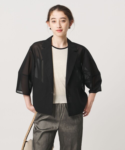 UNITED ARROWS(ユナイテッドアローズ)の「シアー ショート ジャケット ‐ウォッシャブル‐(テーラードジャケット・レディース・オフホワイト/ブラック/ダークグレー・FREE)」の4枚目の写真
