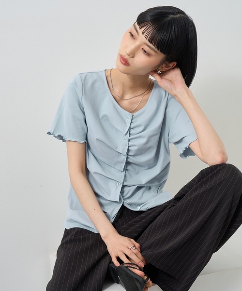 NOGLE（ノグル）の「【NOGLE/ノグル】フリルギャザー半袖トップス（その他トップス・レディース・グレー/アイボリー/ブルー/ブラック・FREE）」の4枚目の写真