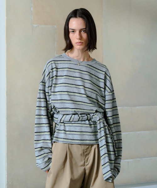 soerte(ソエルテ)の「Loose Multi Border L/S Tee / ルーズマルチボーダーロンT(Tシャツ/カットソー・メンズ・グレー/ブラウン・1/2/3)」の2枚目の写真