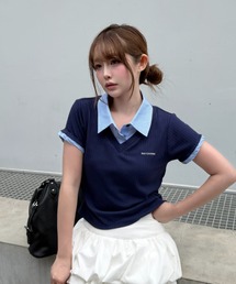 胸刺繍襟付きVネックコンパクトTシャツ/レイヤード