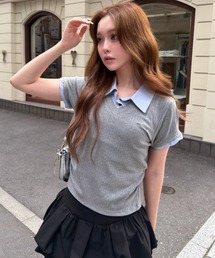 胸刺繍襟付きVネックコンパクトTシャツ/レイヤード
