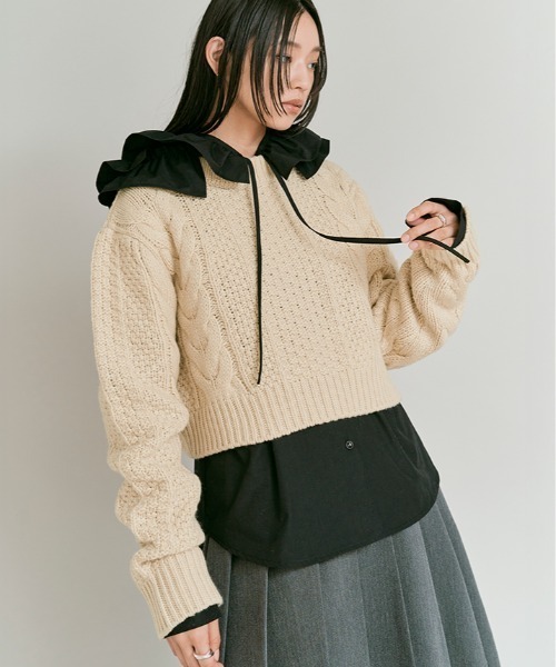 W:Huku（フーク）の「ウール ショート ケーブル ニット / Wool-Blend Short Length Cable Knit Sweater（ニット/セーター・レディース・ブラウン/アイボリー/チャコール・FREE）」の3枚目の写真