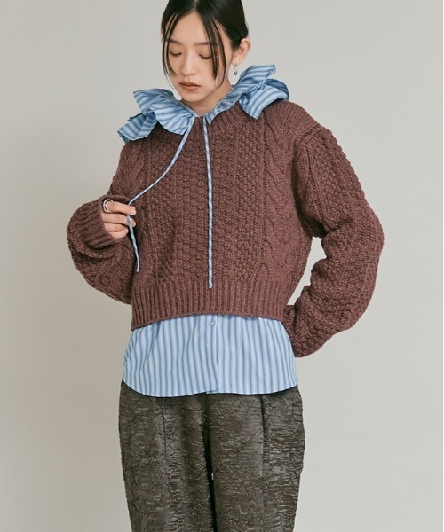 W:Huku（フーク）の「ウール ショート ケーブル ニット / Wool-Blend Short Length Cable Knit Sweater（ニット/セーター・レディース・ブラウン/アイボリー/チャコール・FREE）」の11枚目の写真