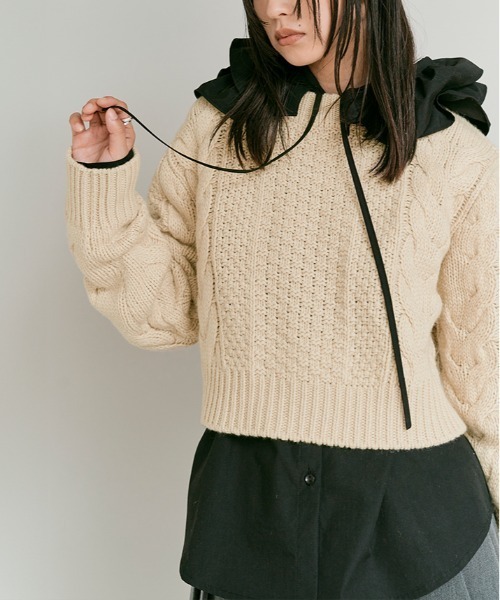 W:Huku（フーク）の「ウール ショート ケーブル ニット / Wool-Blend Short Length Cable Knit Sweater（ニット/セーター・レディース・ブラウン/アイボリー/チャコール・FREE）」の19枚目の写真