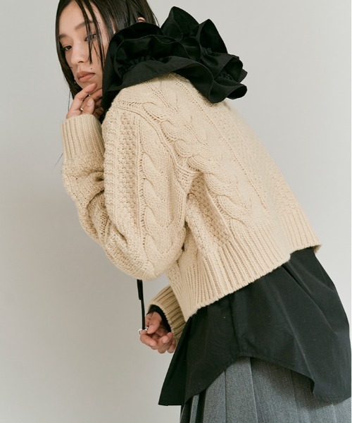 W:Huku（フーク）の「ウール ショート ケーブル ニット / Wool-Blend Short Length Cable Knit Sweater（ニット/セーター・レディース・ブラウン/アイボリー/チャコール・FREE）」の17枚目の写真