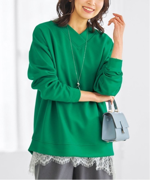 BELLUNA PLUS(ベルーナ)の「もっちりん!Vネックチュニック(Tシャツ/カットソー・レディース・アイボリー/グリーン/コーラル/ブラック・LARGE/MEDIUM/X-LARGE)」の3枚目の写真