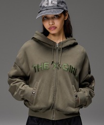 WOVEN MIX FUZZY LOGO ZIP UP SWEAT HOODIE
