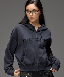 WOVEN MIX FUZZY LOGO ZIP UP SWEAT HOODIE