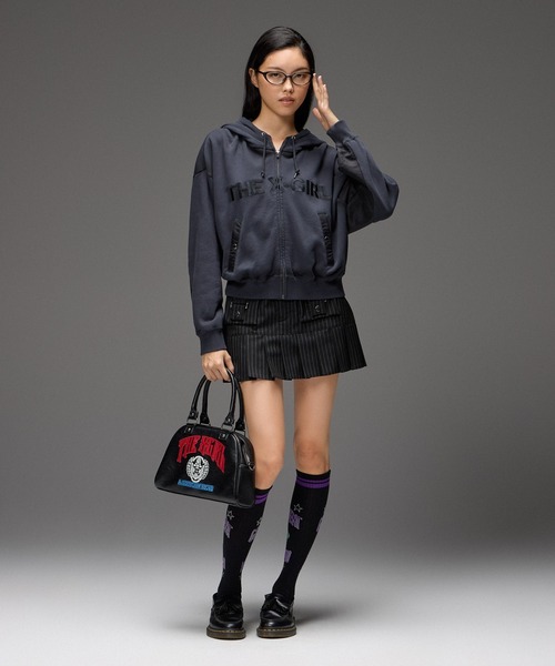 X-girl(エックスガール)の「WOVEN MIX FUZZY LOGO ZIP UP SWEAT HOODIE(パーカー・レディース・オリーブ/ブラック・S/M)」の6枚目の写真