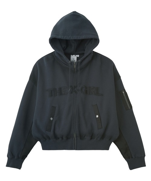 X-girl(エックスガール)の「WOVEN MIX FUZZY LOGO ZIP UP SWEAT HOODIE(パーカー・レディース・オリーブ/ブラック・S/M)」の11枚目の写真
